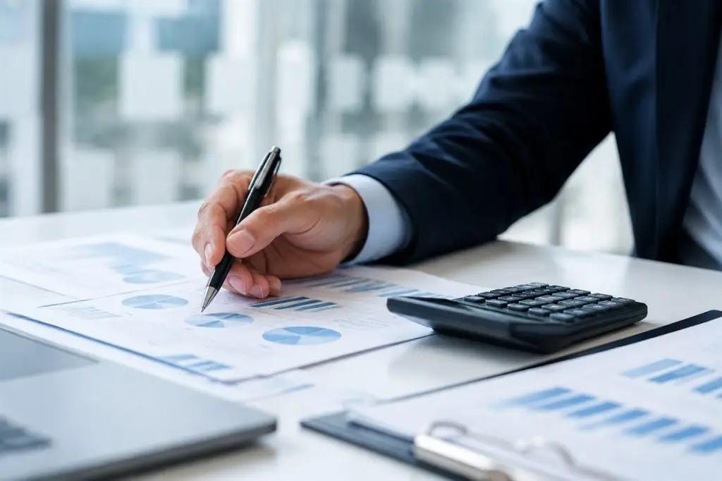 An auditor reviewing financial charts and documents with a pen and calculator