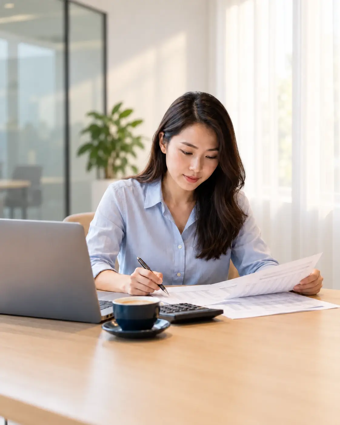 An auditor reviewing printed financial statements with a pen at a bright office table