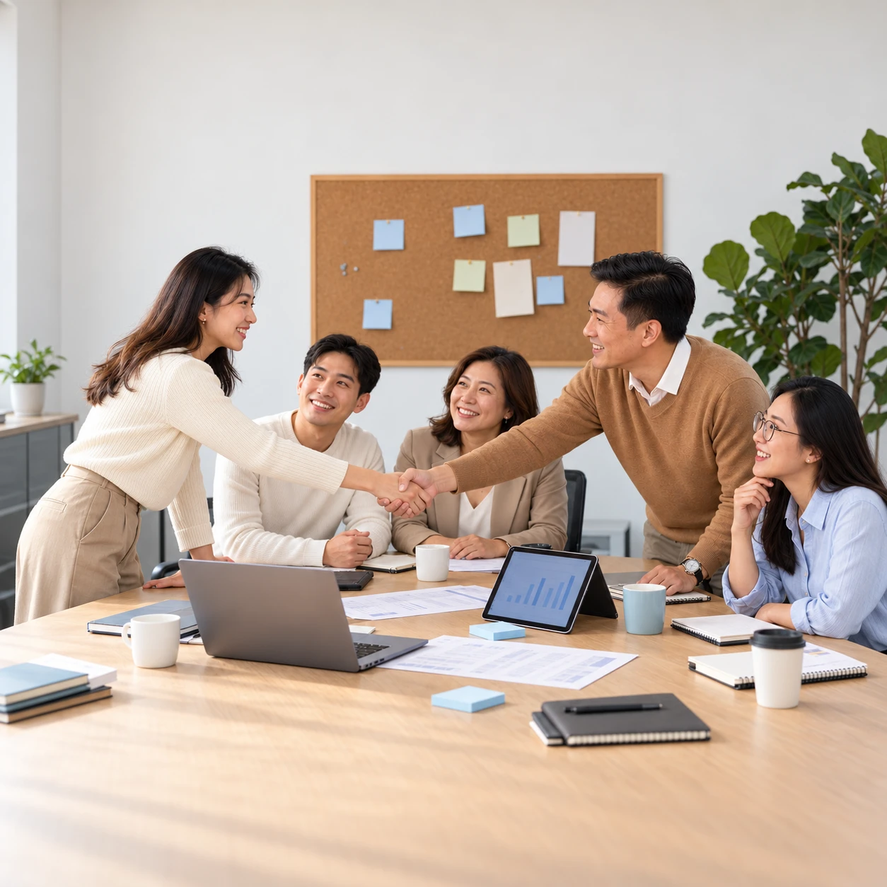 An auditor shaking hands with a business owner at a team meeting around an office table
