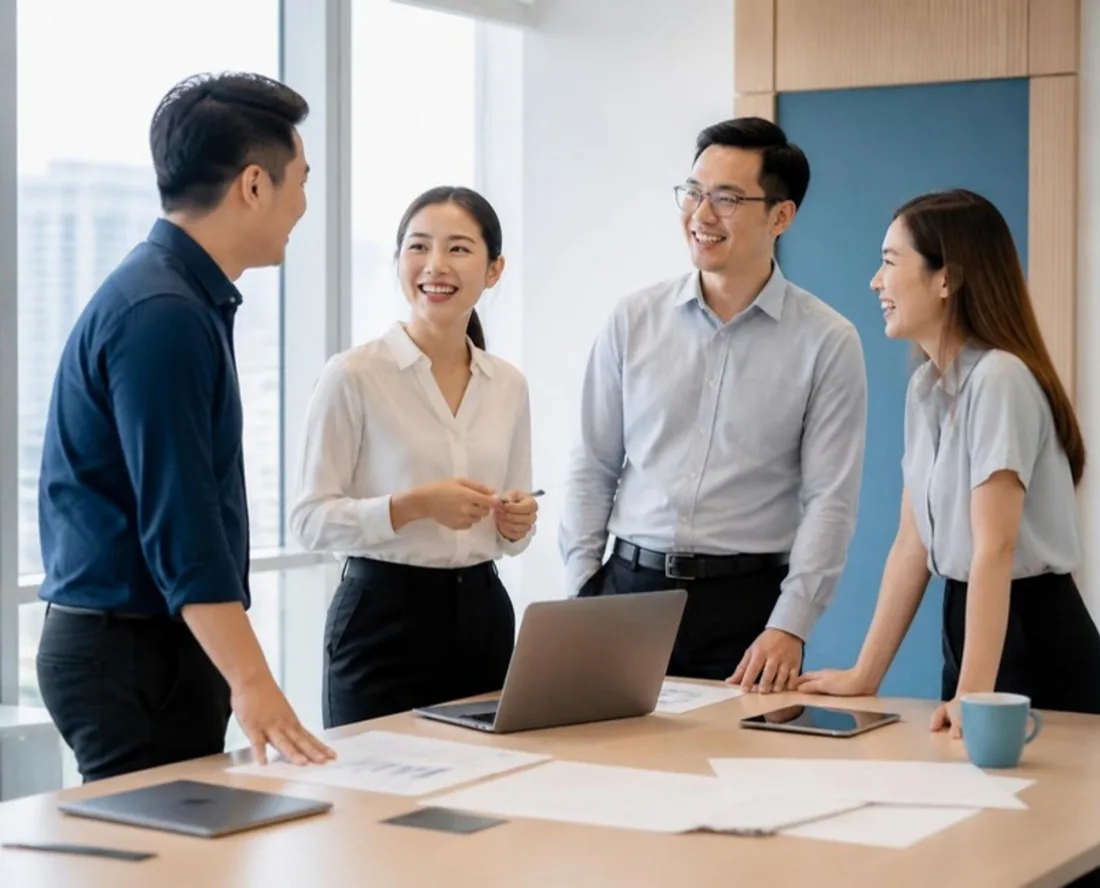 OneStop accountants and corporate secretaries discussing work in a bright office