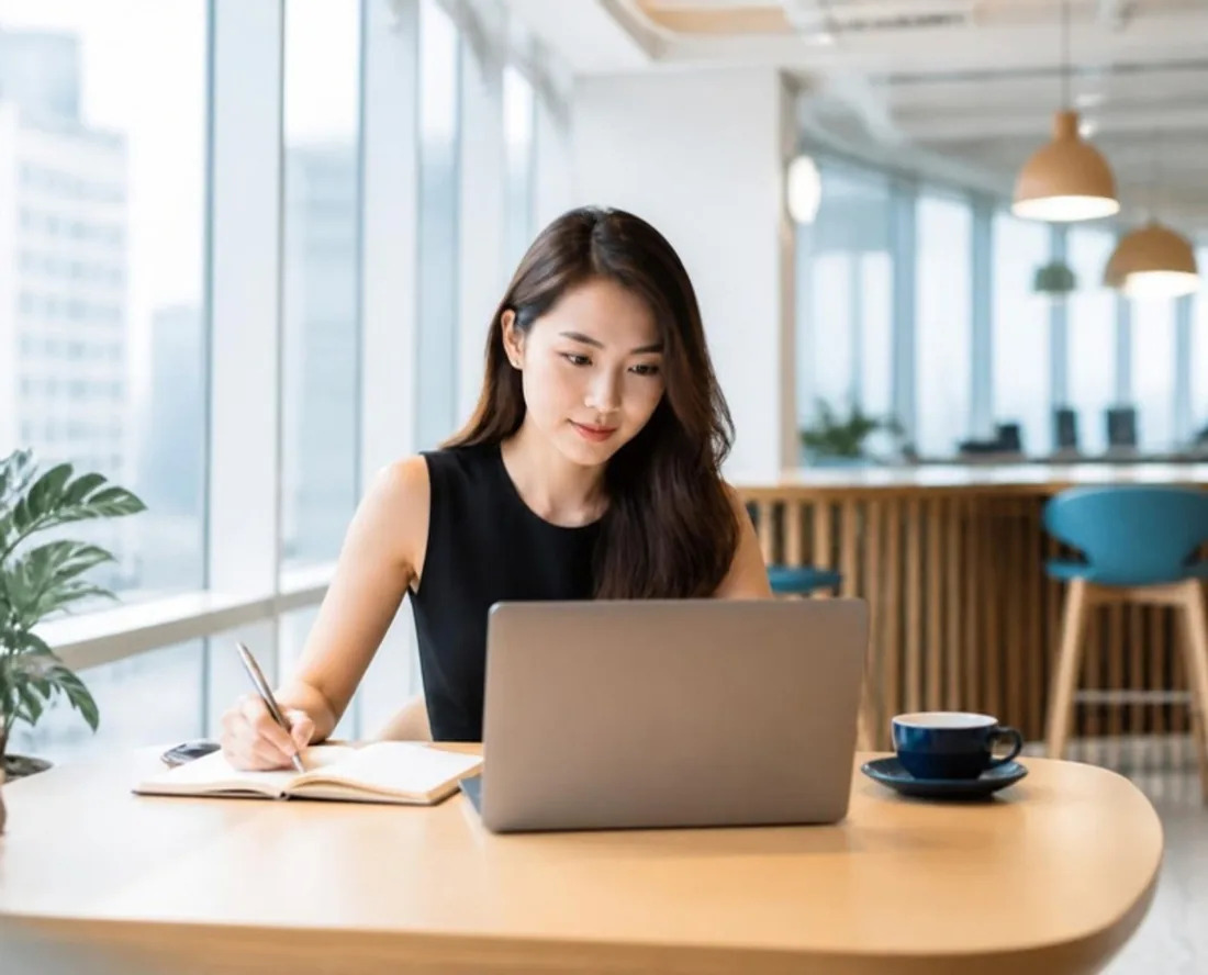 A professional reading on a laptop and taking notes over coffee