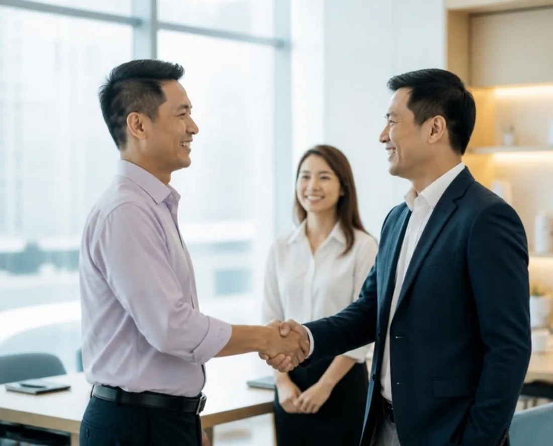 A client shaking hands with a OneStop adviser after a meeting