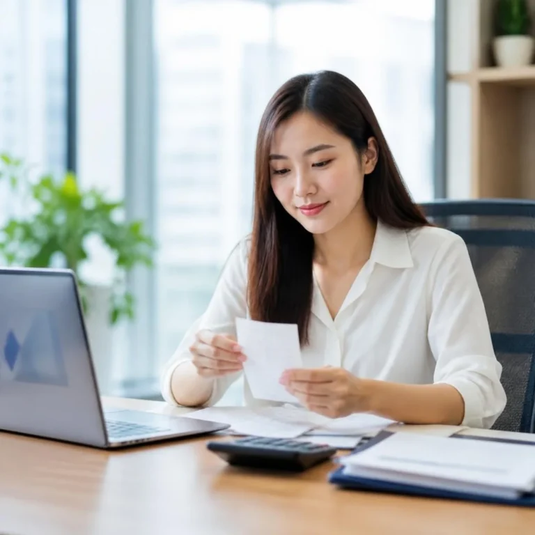 An accountant sorting receipts beside a laptop at a bright office desk