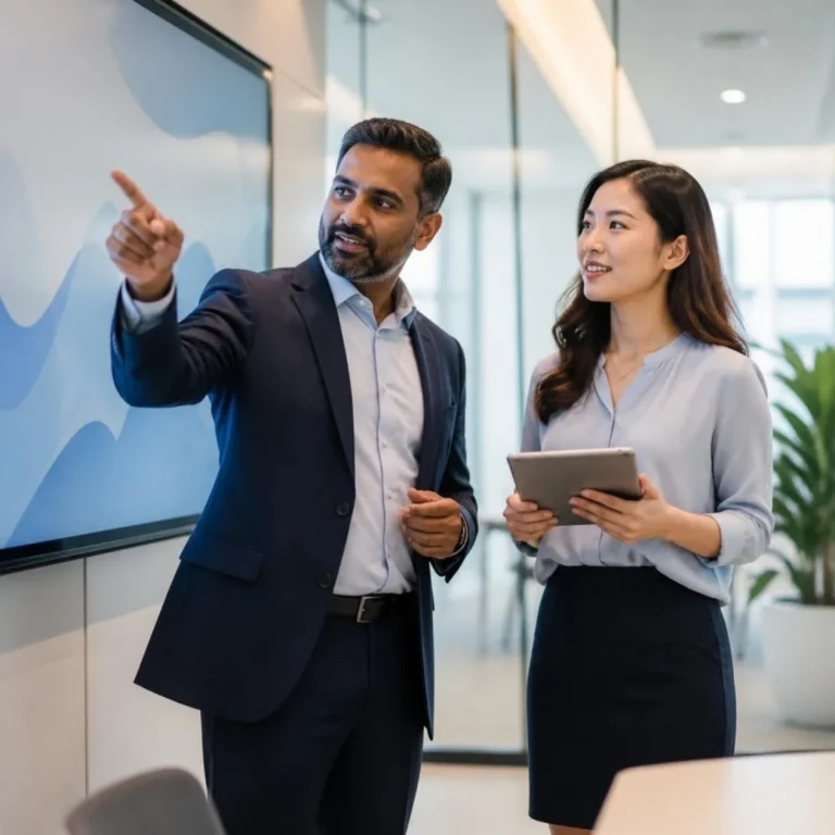 Two finance professionals discussing charts on a wall screen