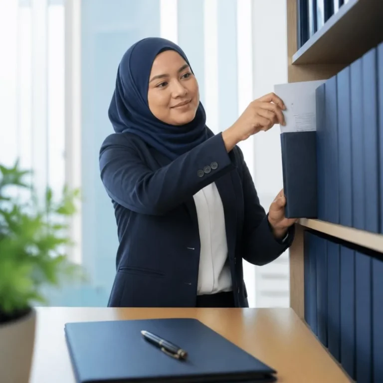 A company secretary filing a signed document into navy binders