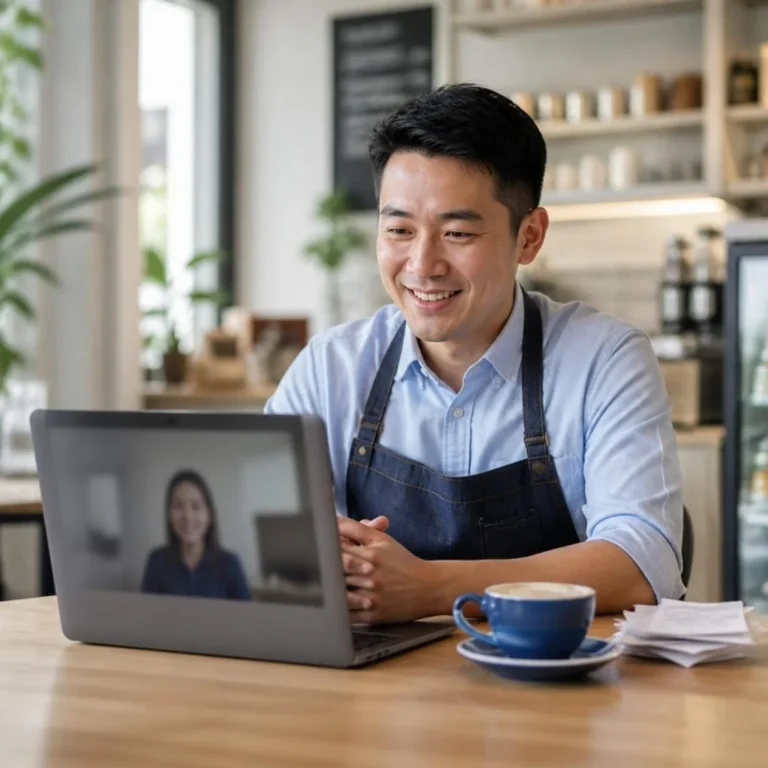 A cafe owner on a video call with his accountant