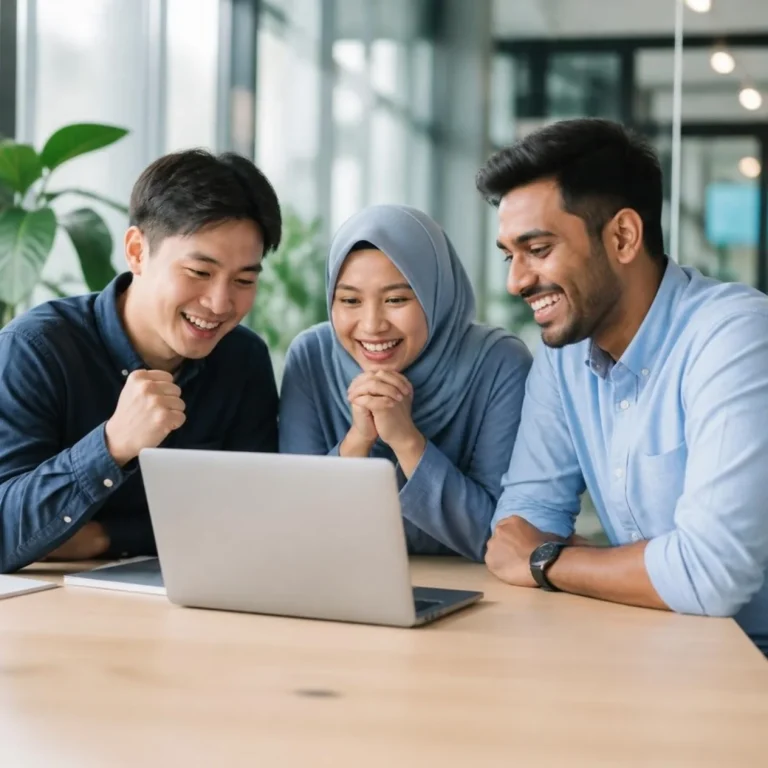 A startup team smiling at good news on a laptop