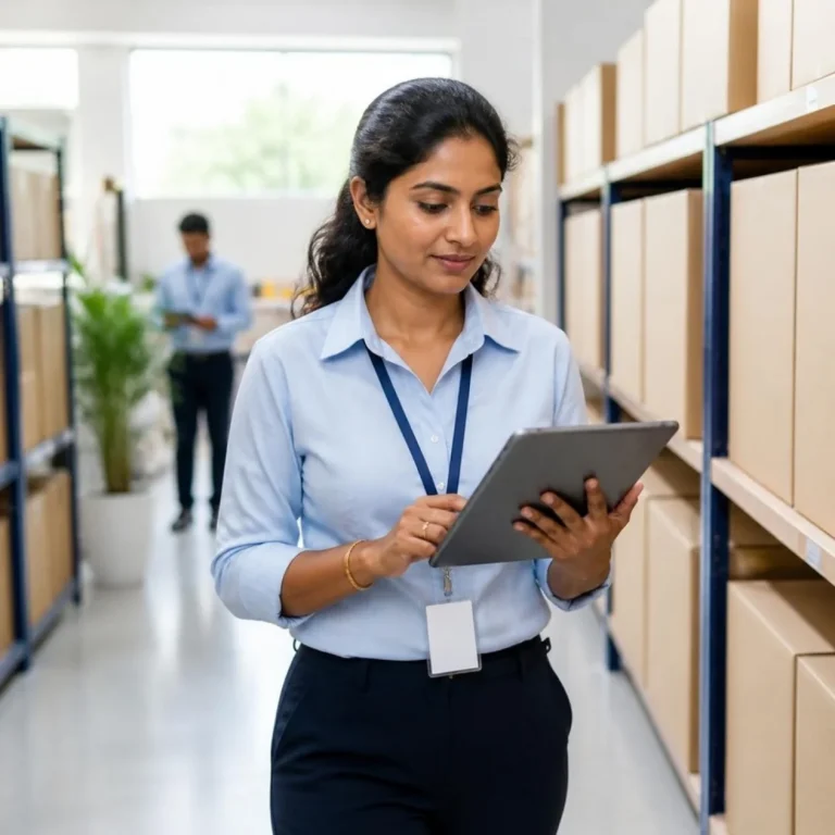 An internal auditor checking stock with a tablet in a warehouse