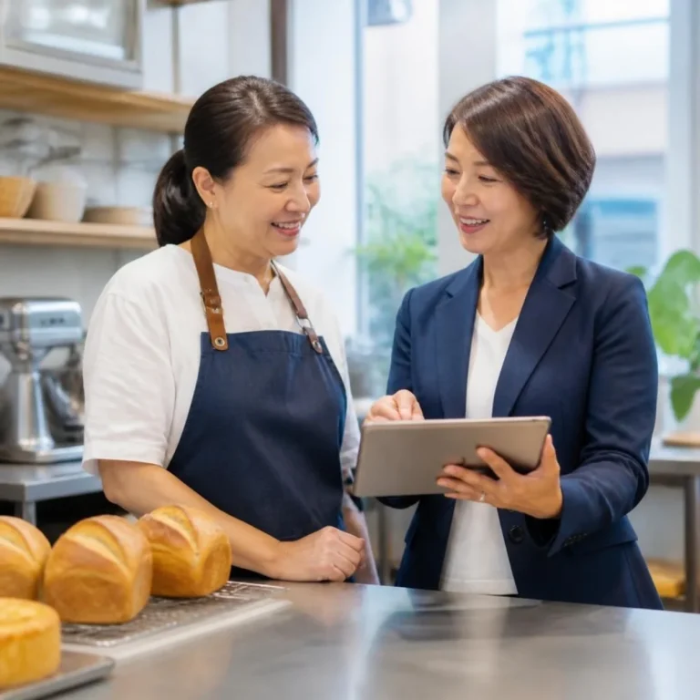 A bakery owner reviewing a growth chart with a financial adviser
