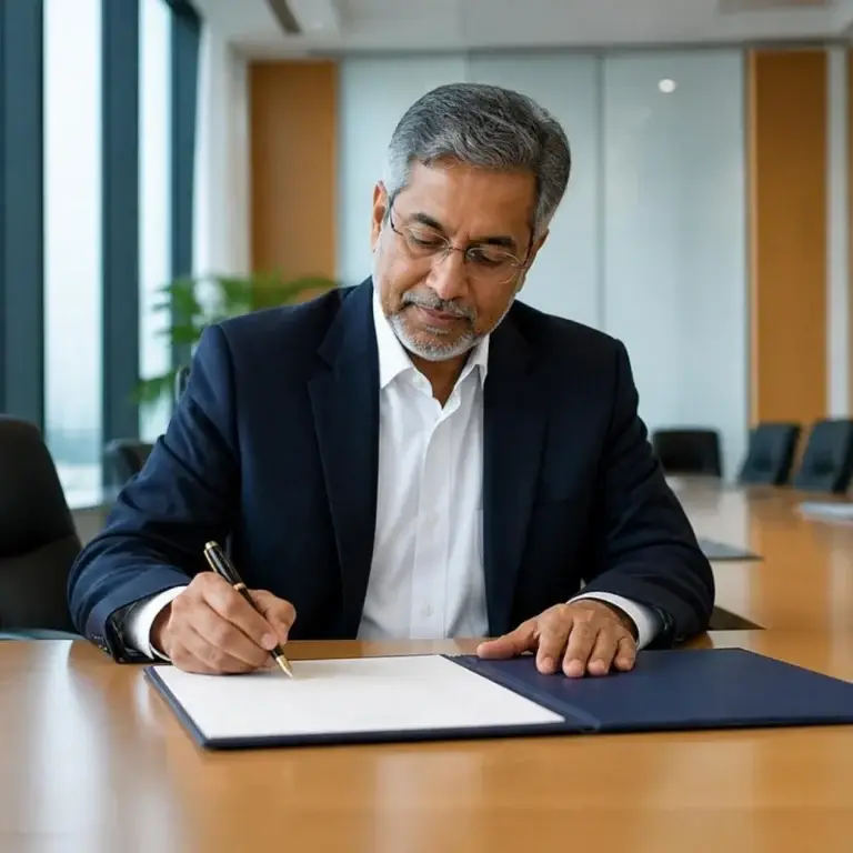A director signing a formal document in a boardroom