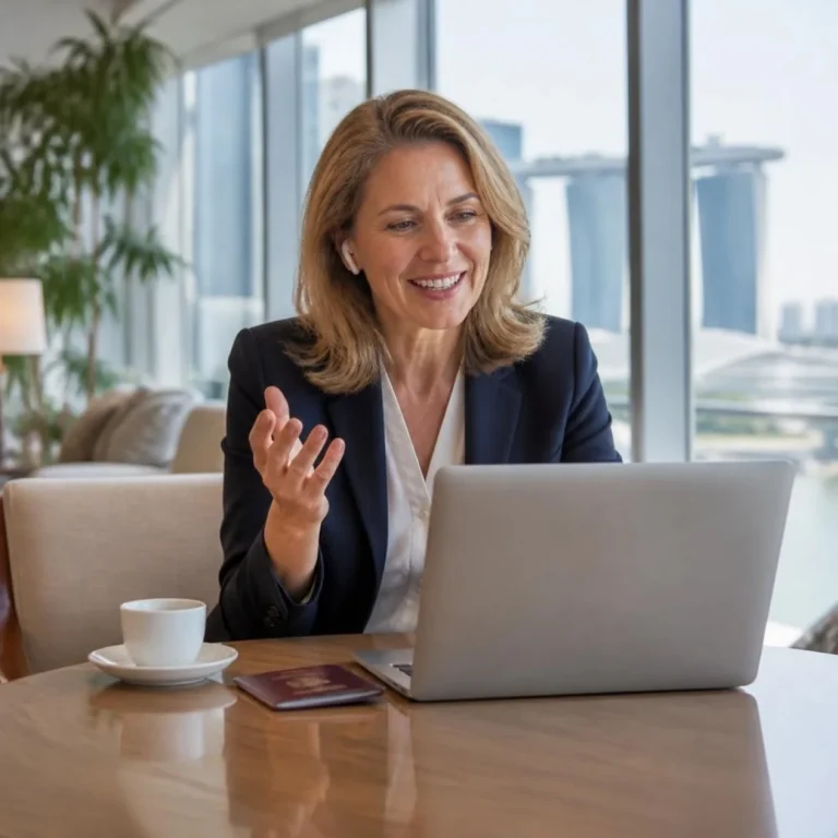 A foreign entrepreneur on a video call in a Singapore hotel lounge