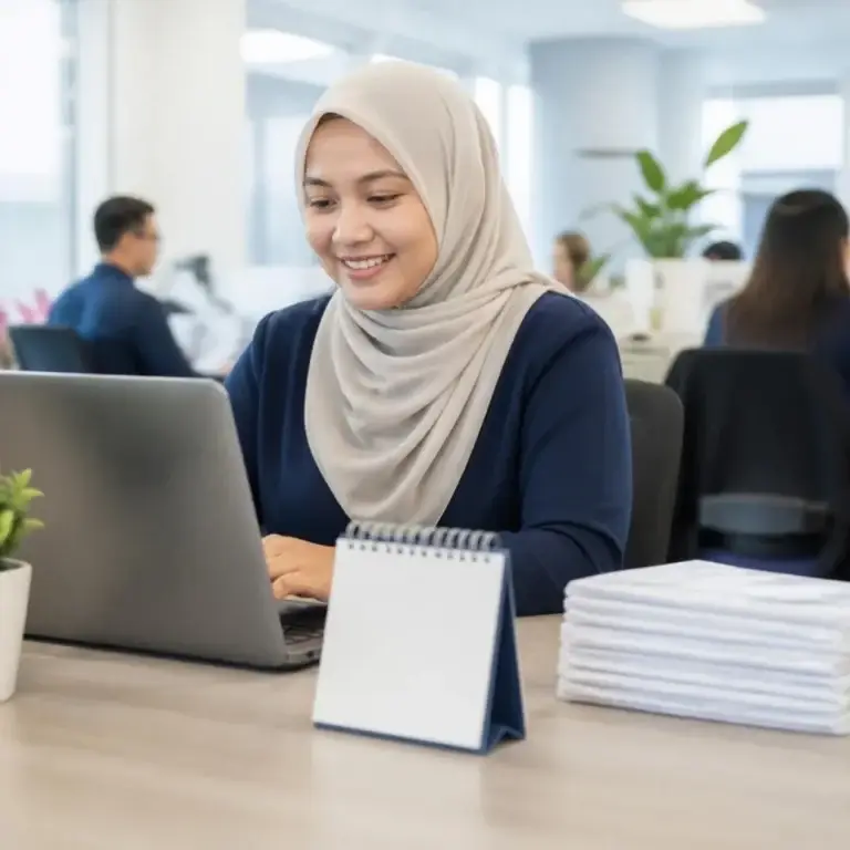 A payroll specialist smiling at her laptop