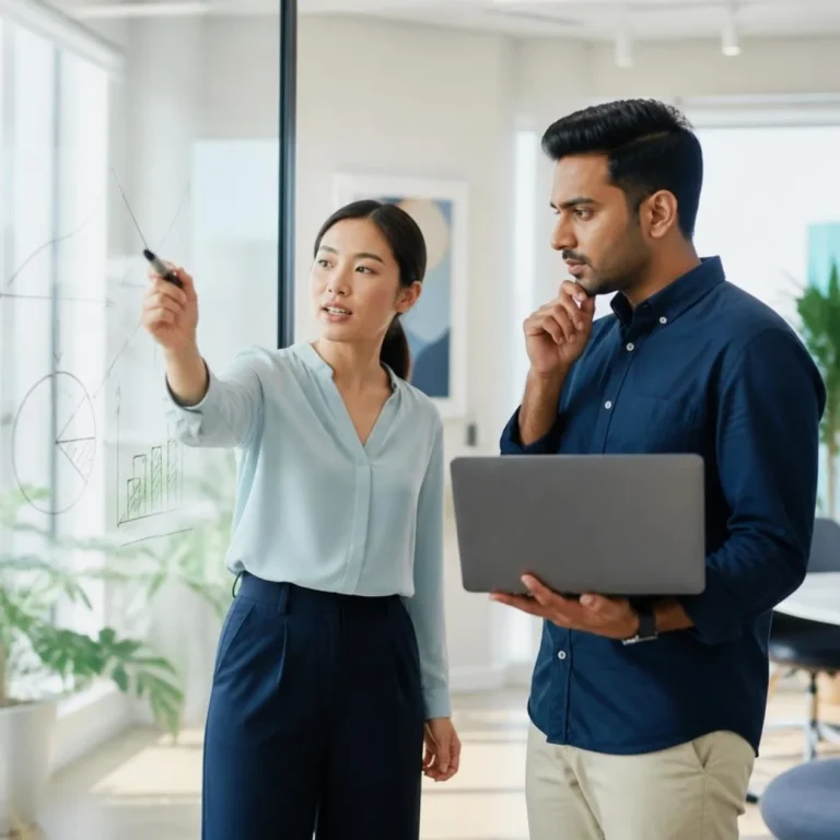 Two analysts discussing charts at a glass board